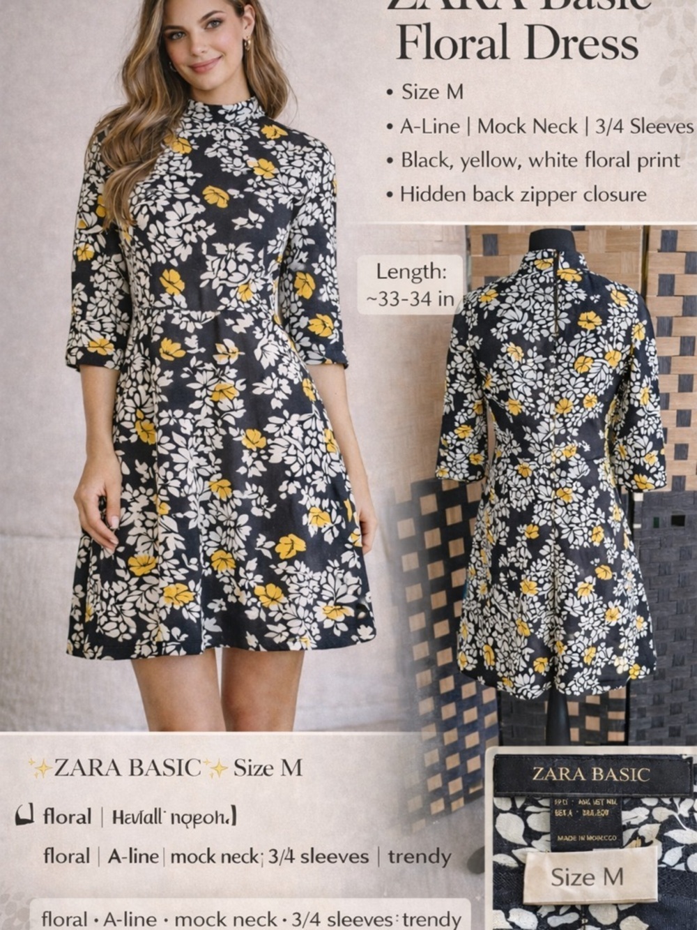 Zara Black Floral Midi Dress with White & Yellow Blossoms